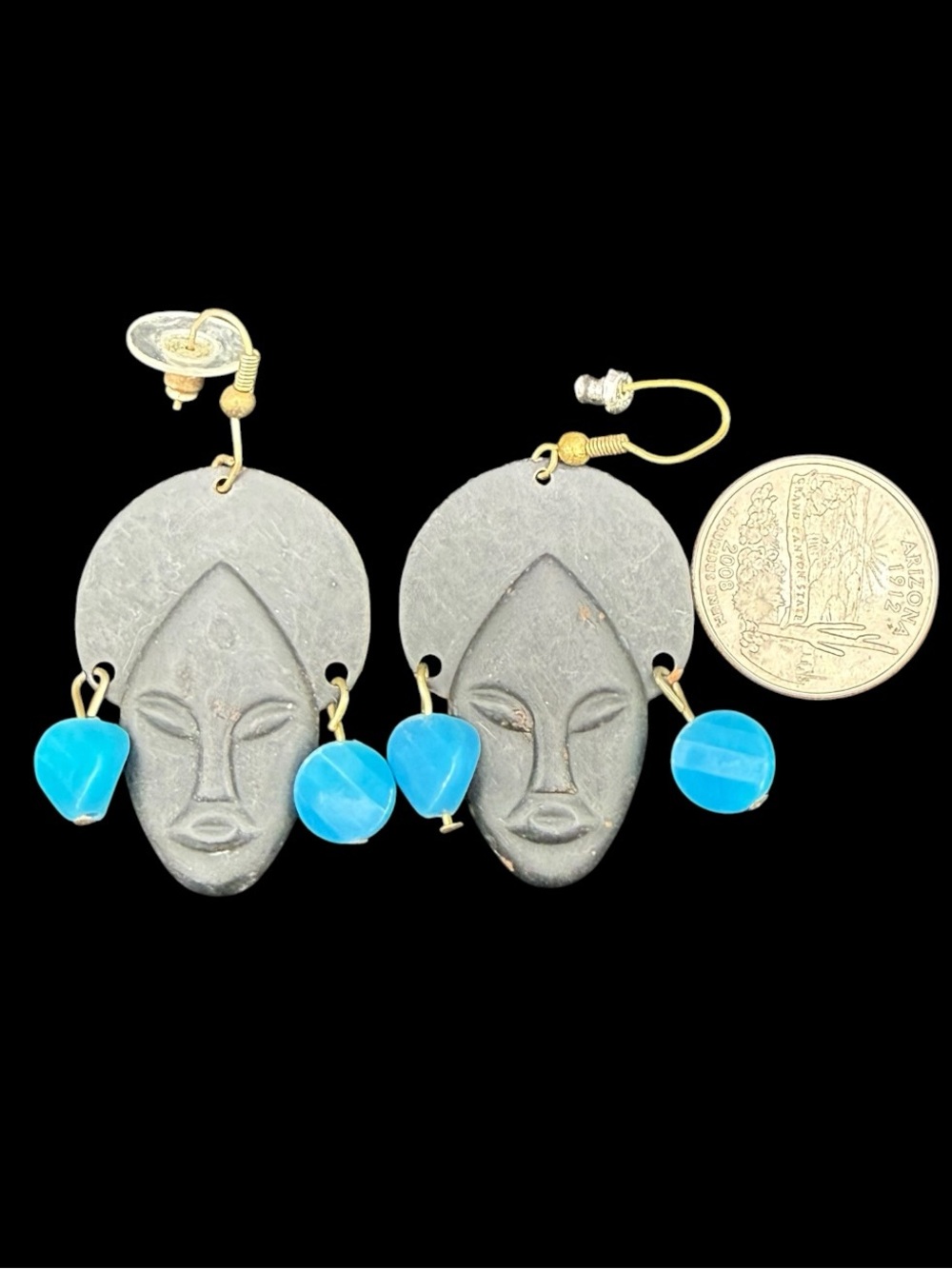 Handcrafted Grey Mask Drop Earrings with Turquoise Beads